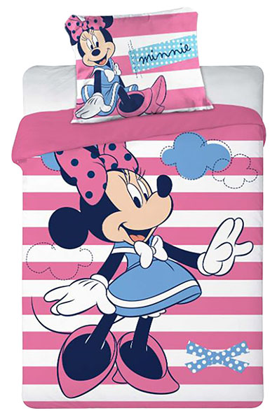 Disney Baby Bettwäsche Minnie Maus im blauen Kleid Schleife Wolken rosa weiß gestreift Bettdecke 100x135 + Kopfkissen 40x60 cm, 100 % Baumwolle, Reißverschluss