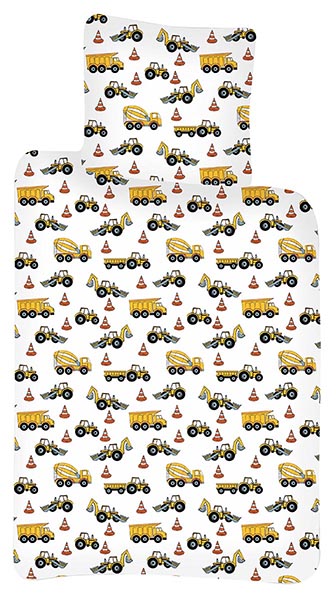 Baby Kinder Bettwäsche Baustellenfahrzeuge Betonmischer Traktor LKW Bettdecke 100x135 + Kopfkissen 40x60 cm, 100% Baumwolle