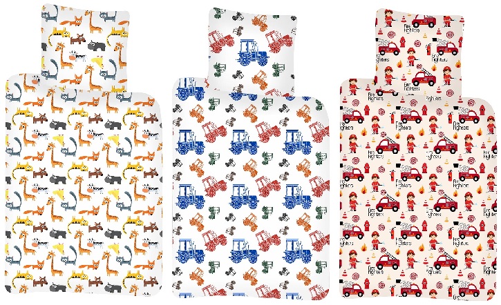 Baby Kinder Bettwäsche Tiere Traktoren Feuerwehrautos Bettbezug 100x140 + Kopfkissen 40x45 cm, 100% Baumwolle (Auswahl)