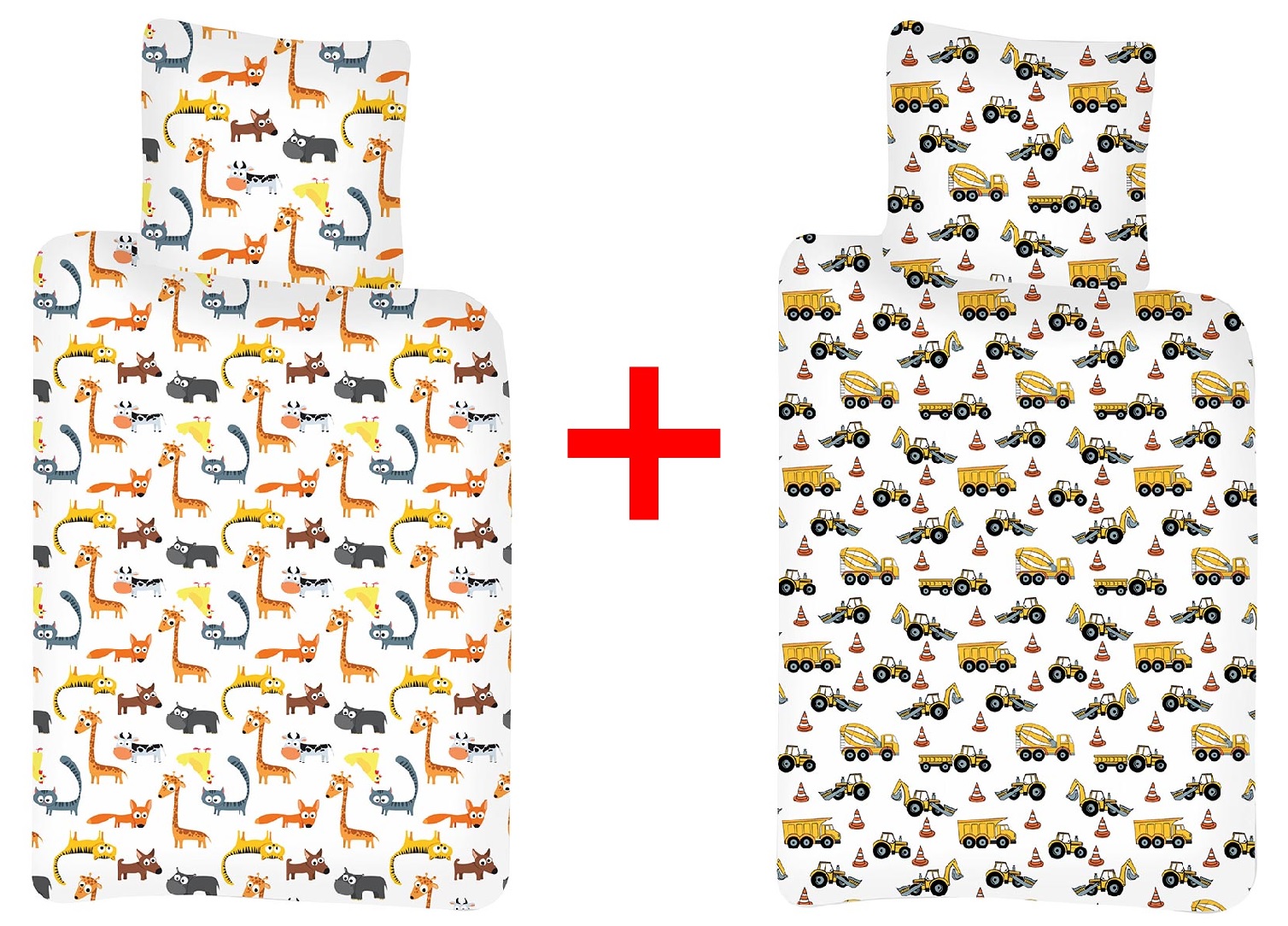 2er-Set Kinderbettwäsche Hund, Katze, Huhn und Traktoren, LKW, Baustelle, Bettdecke 100x135 + Kopfkissen 40x60 cm, 100% Baumwolle, Geschenk-Set