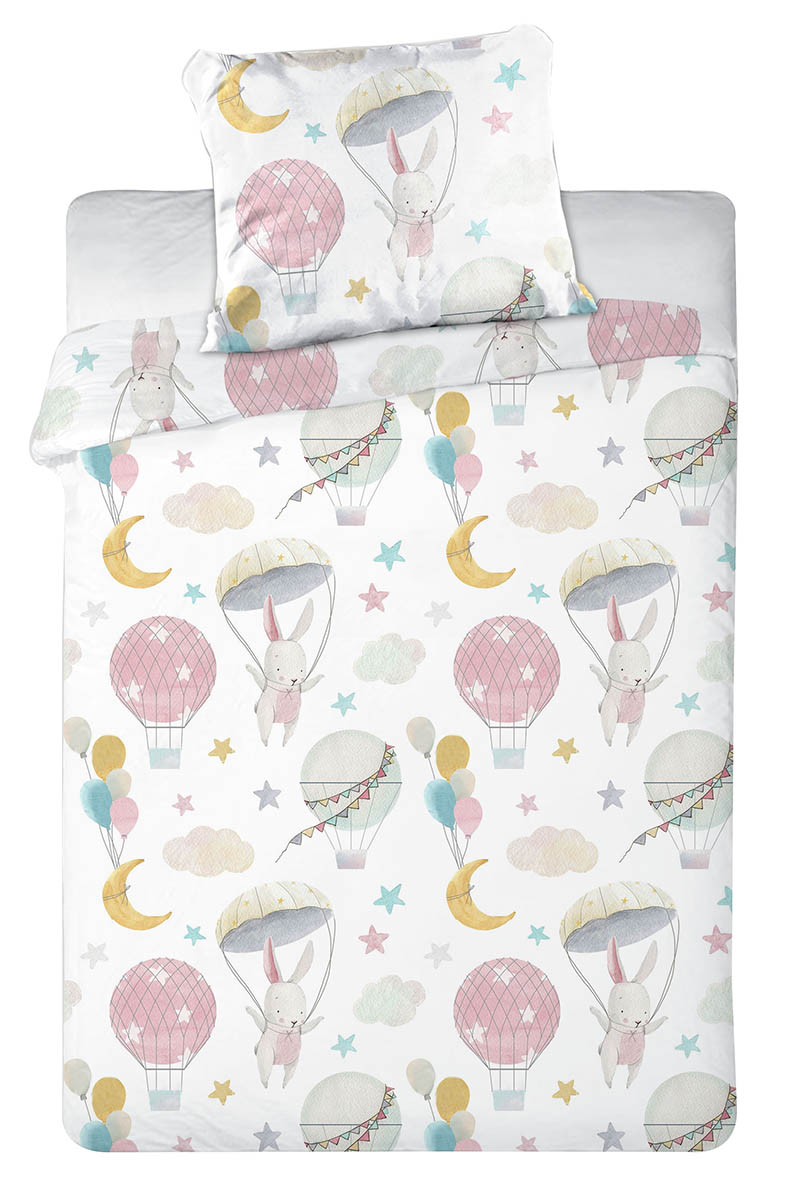 Baby Kinder Bettwäsche Wendemotiv Baby Hase mit Ballons Fallschirm Heißluftballon Sterne Wolken Mond Bettdecke 100x135 cm + Kopfkissen 40x60 cm 100 % Baumwolle