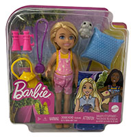 Barbie Chelsea Blonde Puppe mit Campingausrüstung, Schlafsack, Eule, Lampe, Fernglas, Puppen-Set, Mattel HDF77