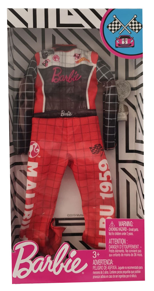 Barbie GHX38 – Zubehörset Thema: Karriere mit Rennfahrer-Overall, Modeset, Puppenzubehör