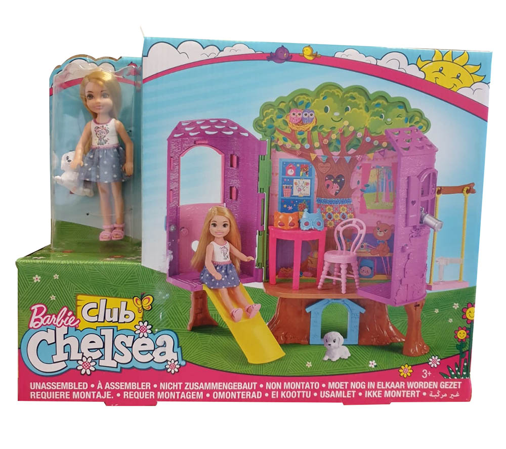 Mattel FPF83 Barbie Club Chelsea Baumhaus Spielset und Mini Puppe, Hund, Rutsche Spielplatz, Multicolour