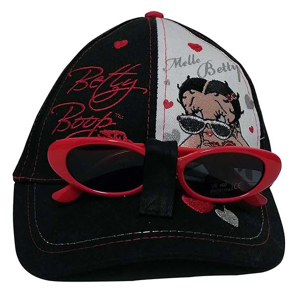 Betty Boop Mütze Kappe Basecap mit Herzchen inkl. Sonnenbrille für Kinder Schwarz Größe 54