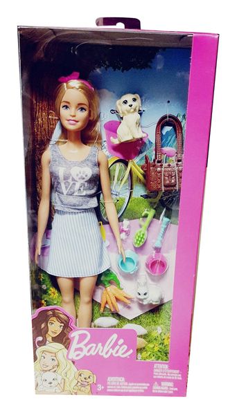 Blonde Barbie-Puppe und süßen Hund & Hasen inkl. tollem Zubehör FPR48 für Kinder