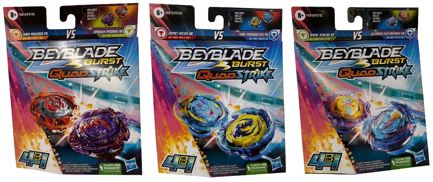 Beyblade Burst Quad Strike Kreisel Ambush Nyddhog vs Chain Poseidon P8, Tidal Pandora Epic P8 vs Homet Helios H8, Ultimate Evo Valtryek V8 vs Divine Xcalius (Auswahl)