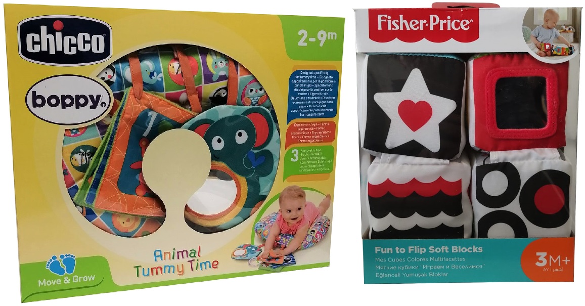 Chicco 10856 Bobby Animal Tummy Time Spielkissen UND Fisher-Price GFC37 Fun to Flip Soft blocks - 4 weiche Spielwürfel, Geschenk-Set für Babys