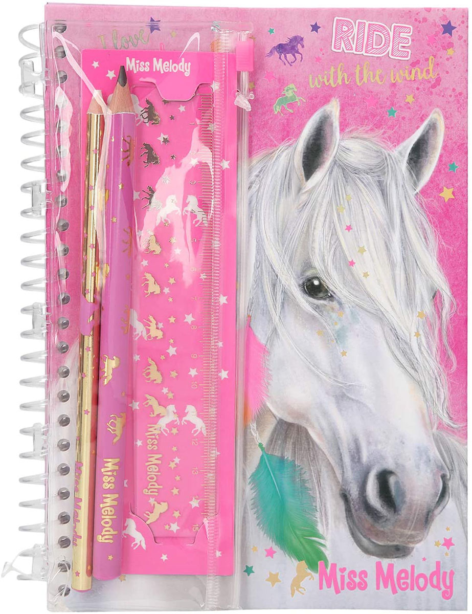Federmappe Tagebuch Bleistift, Mädchen kleiner Lineal, Pferd Motiv mit 21 8942 Radierstift, inclusive Depesche Notizbuch Miss Melody x 15 cm, für