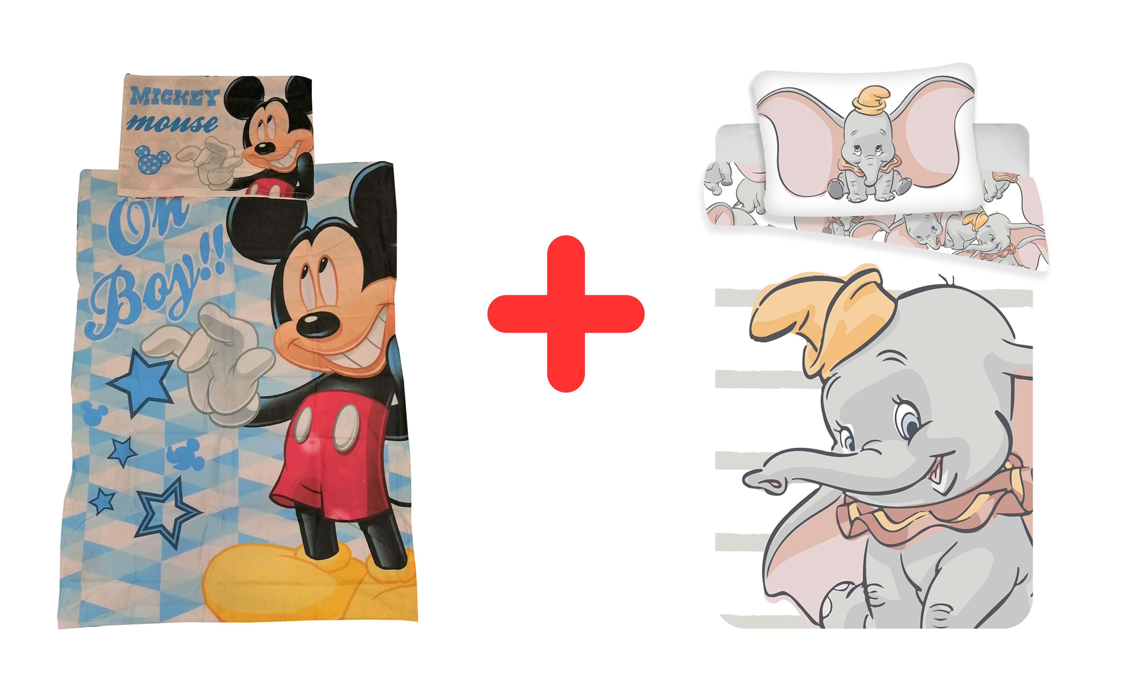 Disney 2er-Set Bettwäsche Set mit Mickey Maus und Dumbo 100x135 Bettdecke + 40x60 cm Kopfkissen, 100% Baumwolle für Babys, Kinder, GESCHENK-SET