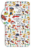 Paw Patrol Kinder Spannbettlaken weiß Marshall Rubble Chase Pup Pup Boogie Hunde Fahrzeuge Knochen Sirene Sterne Wachturm 90x200+25 cm 100% Baumwolle