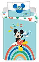 Disney Baby Kinder Wendebettwäsche Mickey Mouse Regenbogen Hello Happy Cool Türkis Bettdecke 100x135 + Kopfkissen 40x60 cm, 100% Baumwolle