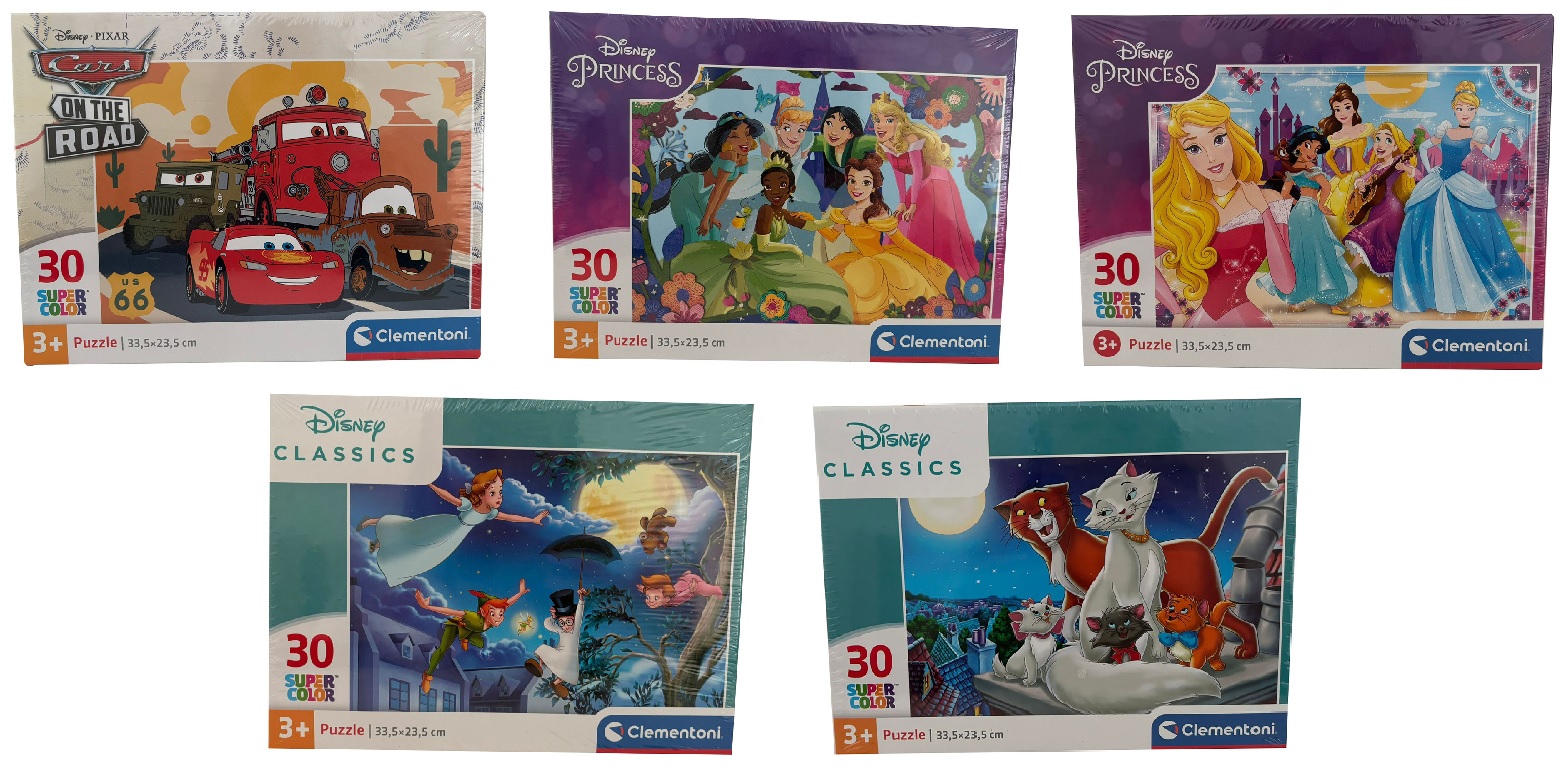 Disney Puzzle Cars Princess Classics - Cinderella, Rapunzel, Lightning McQueen, Peter Pan, Aristocats, je 30 Teile, Kinderpuzzle, Auswahl