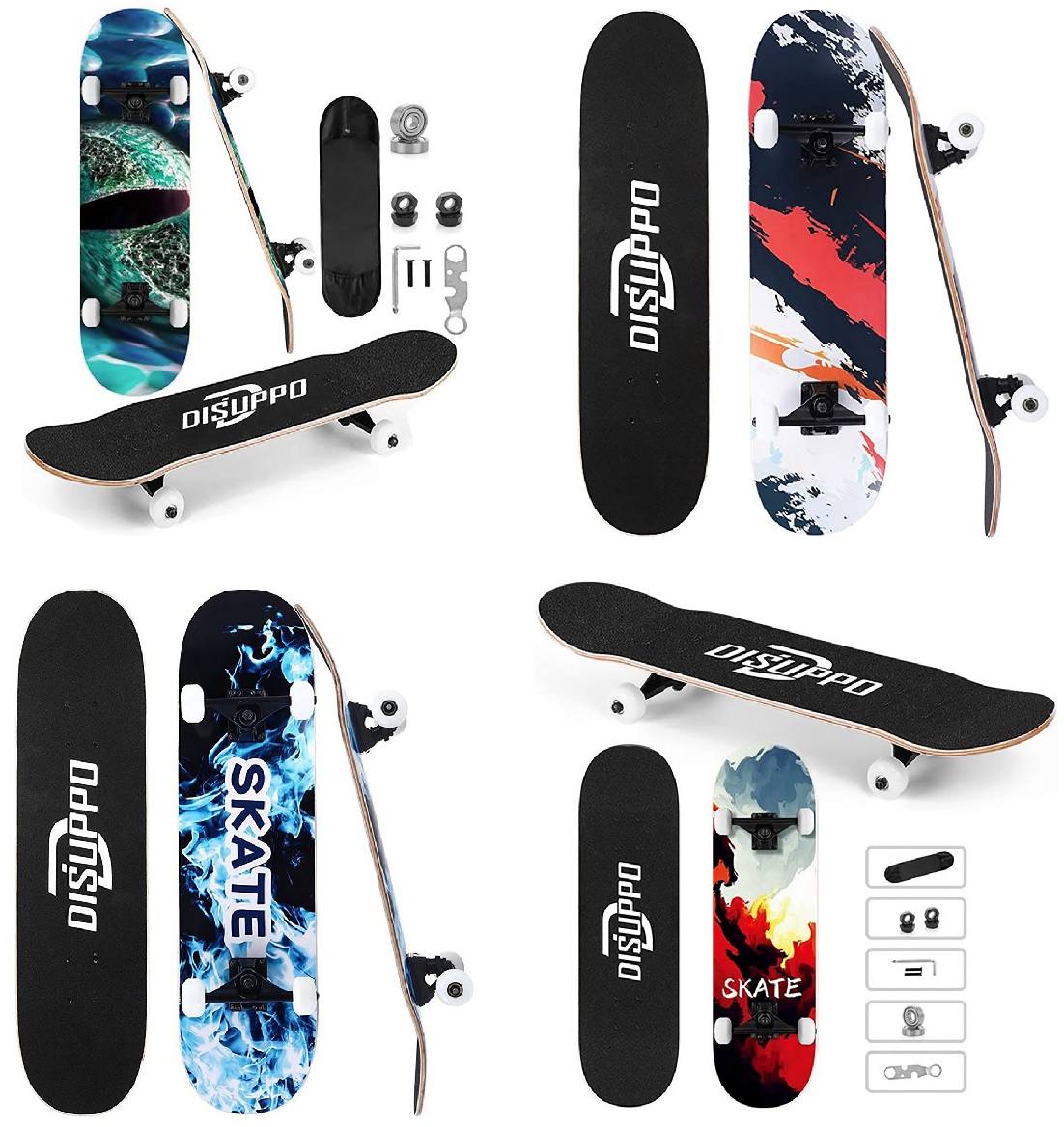 Disuppo Skateboard mit farbigen Motiven und rutschfester Oberfläche + Skatetasche + Werkezeug für Räder und Lager, Kinder, Anfänger (Auswahl)