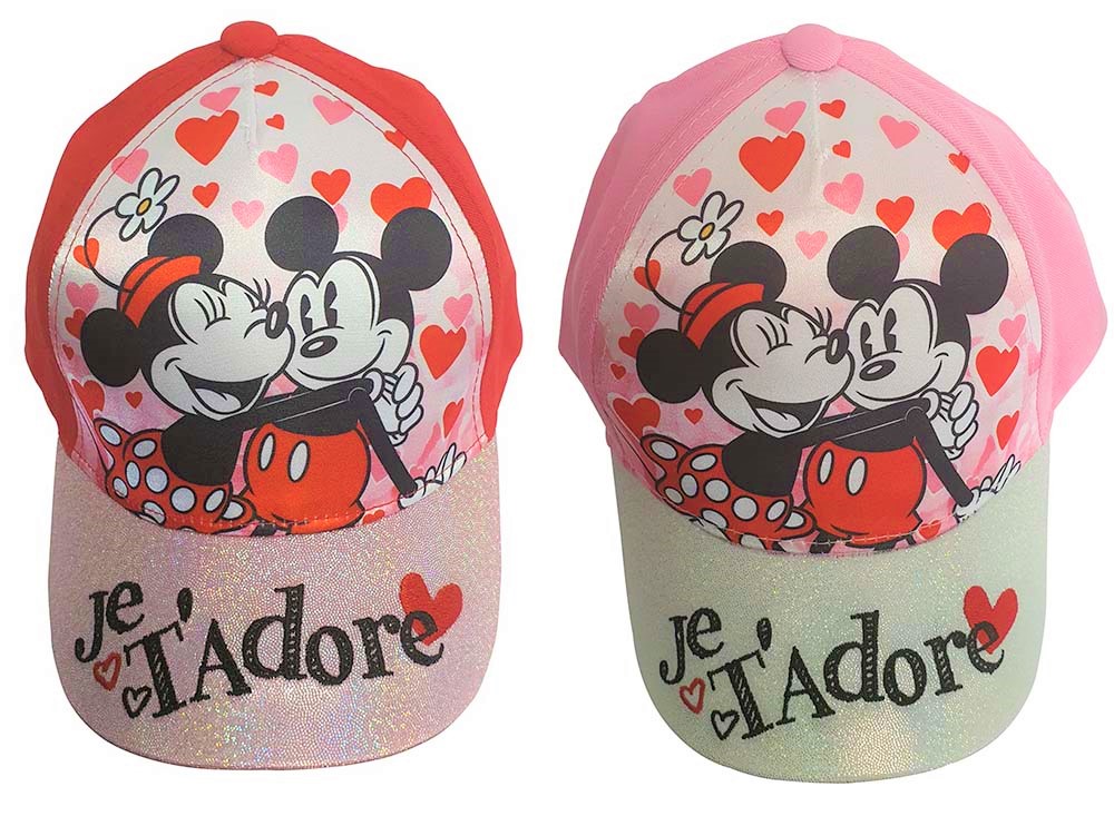 Disney Minnie Maus mit Micky, Glitzer-Kappe, Baseball Cap, Mütze, Je t'adore, Größe 52 oder 54 in rosa, rot, Baumwolle, Auswahl
