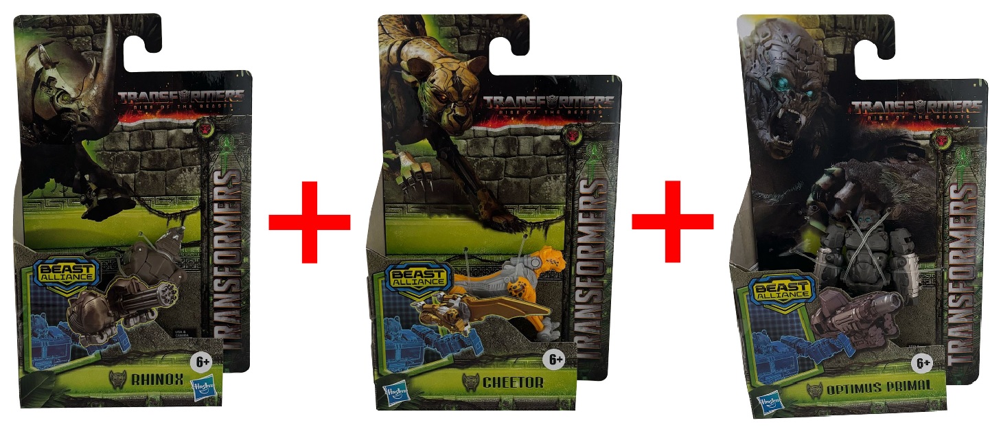 3er-Set Transformers Rise of The Beasts, Beast-Alliance - Rhinox, Cheetor und Optimus Primal mit Waffenmodus, Actionfigur, 6,5 cm, Geschenk-Set