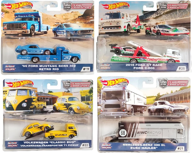 Hot Wheels Car Culture Dreamtransport Edition 69 Ford Mustang Boss 302 + Retro Rig, 2016 Ford GT Race + Ford C-800, Volkswagen "Classic Bug" + VW Transporter T1 Pickup, Mercedes-Benz 300 SL+ Euro Hauler (Auswahl)