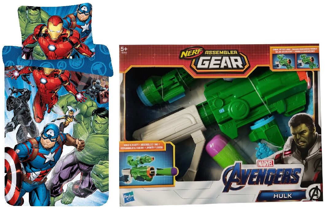 Marvel Avengers Kinder Bettwäsche Iron Man Hulk 140x200 + 70x90cm, Baumwolle UND Avengers Assembler Gear 2.0 mit Nerf Mega-Rakete, Geschenk-Set