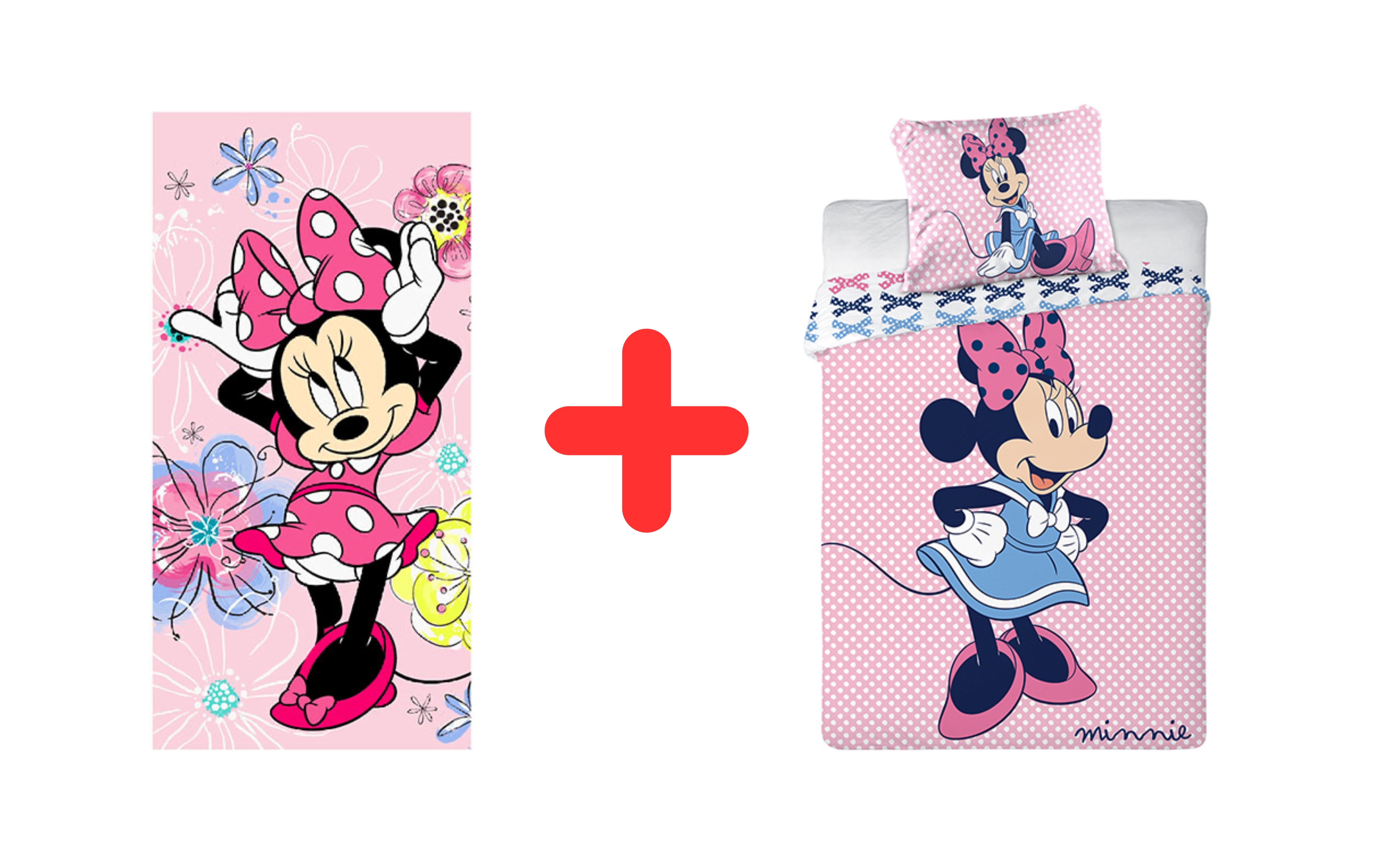Disney Minnie Mouse Kinder Heitmtextilien 2er Geschenk Set: Handtuch + Bettwäsche 100x135 + Kopfkissen 40x60 cm, 100% Baumwolle