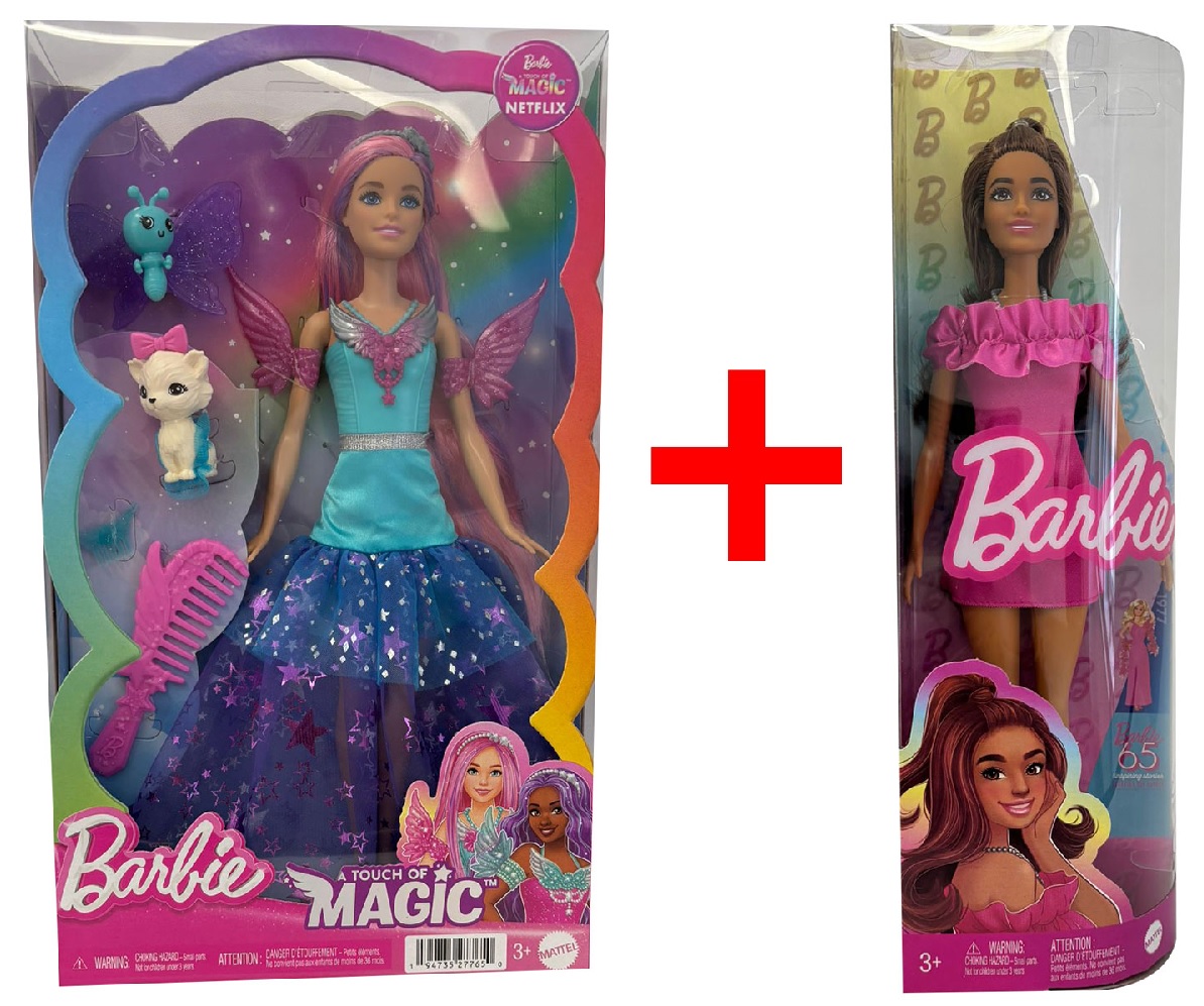 2er-Set Barbie JCW48 Modepuppe im mehrlagigen Kleid und HRH15 Puppe mit schulterfreiem Kleid, Sammelfiguren, Geschenk-Set