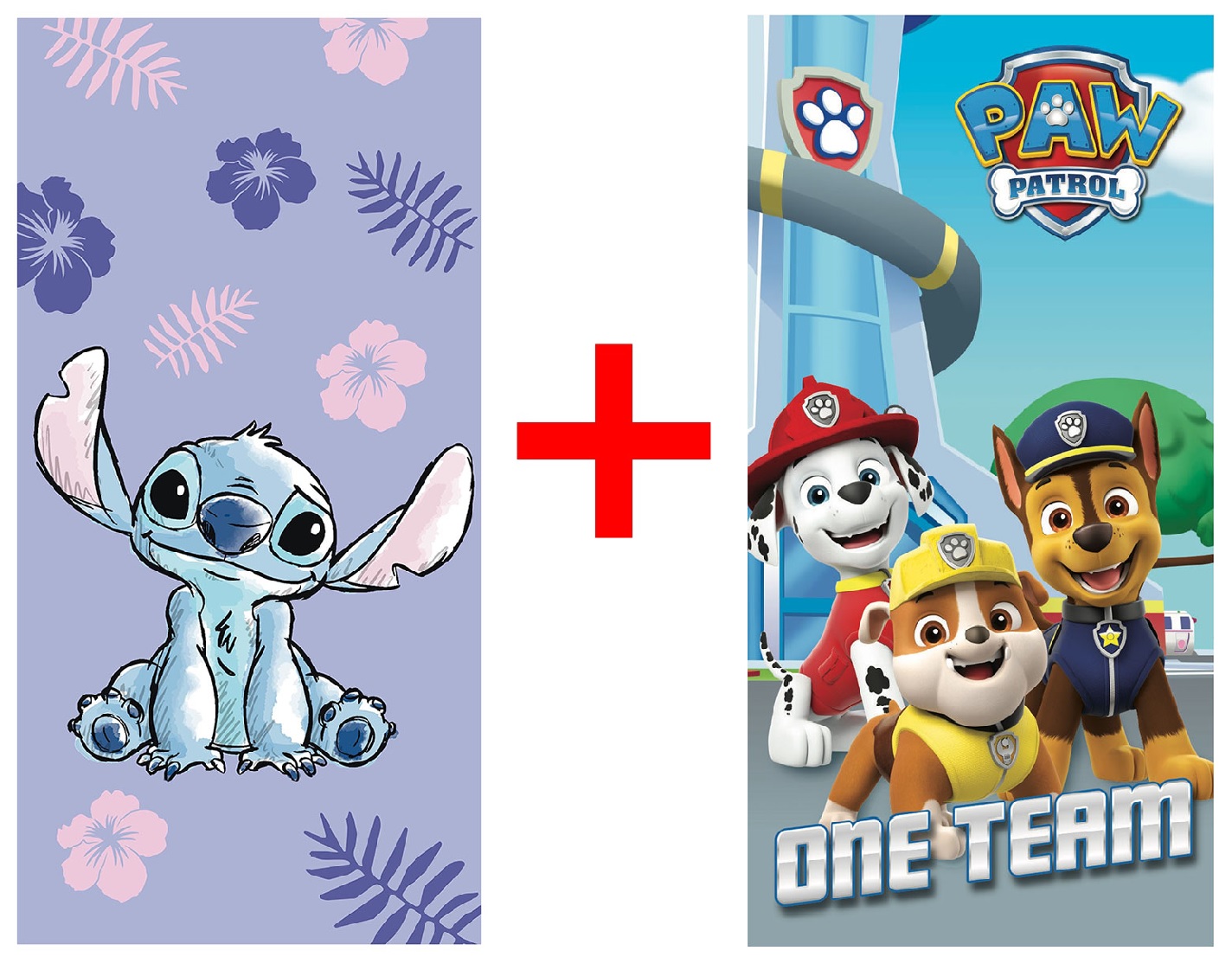 2er-Set Handtücher Badetücher Lilo & Stitch mit Blumen und Paw Patrol "One Team" 70 x 140 cm 100% Baumwolle, Geschenk-Set