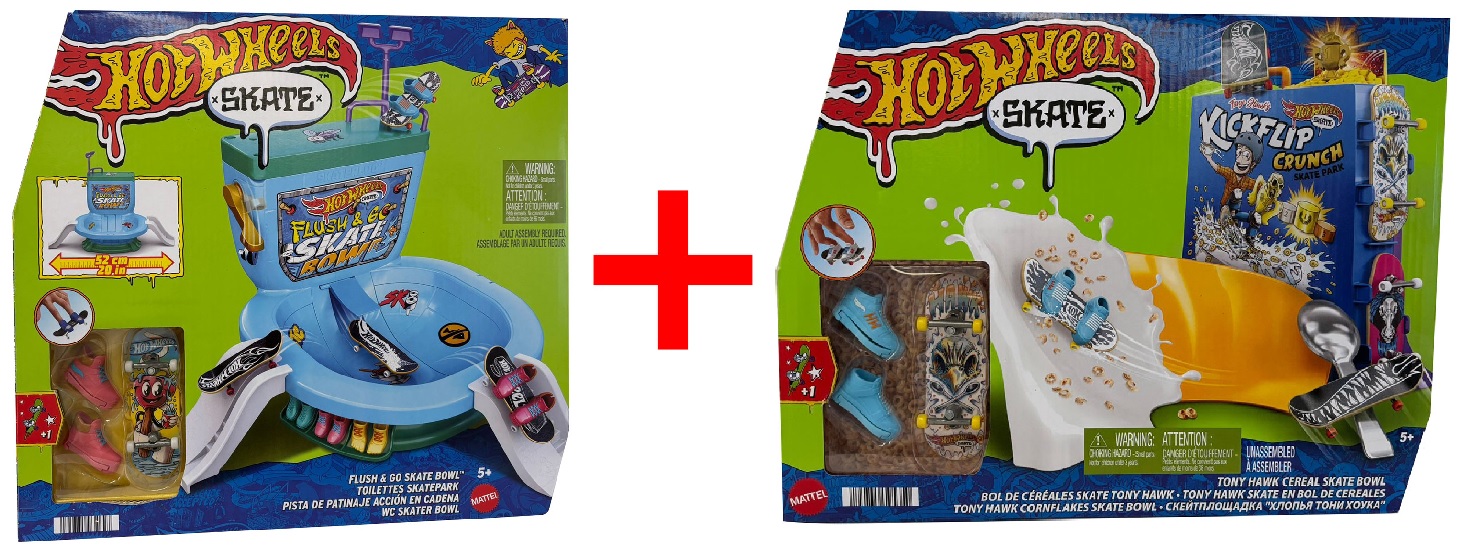 2er-Set Hot Wheels HXL16 Flush and Go Skate Bowl Toilette, HTP09 Tony Hawk Cornflakes Skate Bowl Cornflakes-Packung Mini-Skateboard, Schuhe, Geschenk-Set