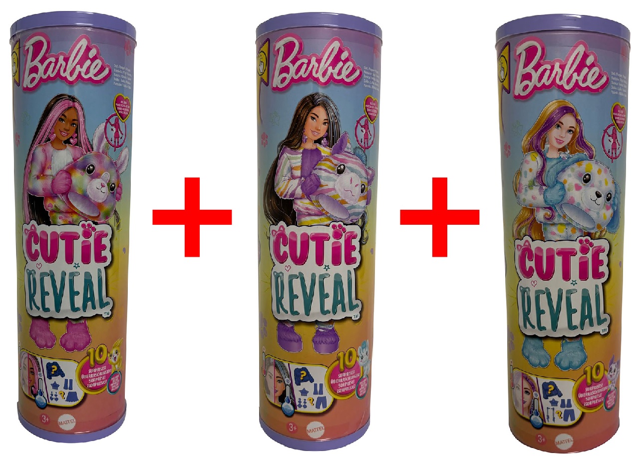 3er-Set Barbie Cutie Reval Puppe Farbwechselfunktion Häschenkostüm Zebrakostüm Hündchenkostüm mit Überraschungen, Puppenzubehör, Geschenk-Set