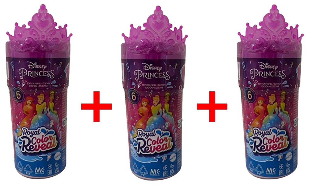 3er-Set Disney HMK83 Princess Royal Color Reveal Puppen, zufällige Auswahl Prinzessinnen + jeweils 5 Accessoires, Geschenk-Set