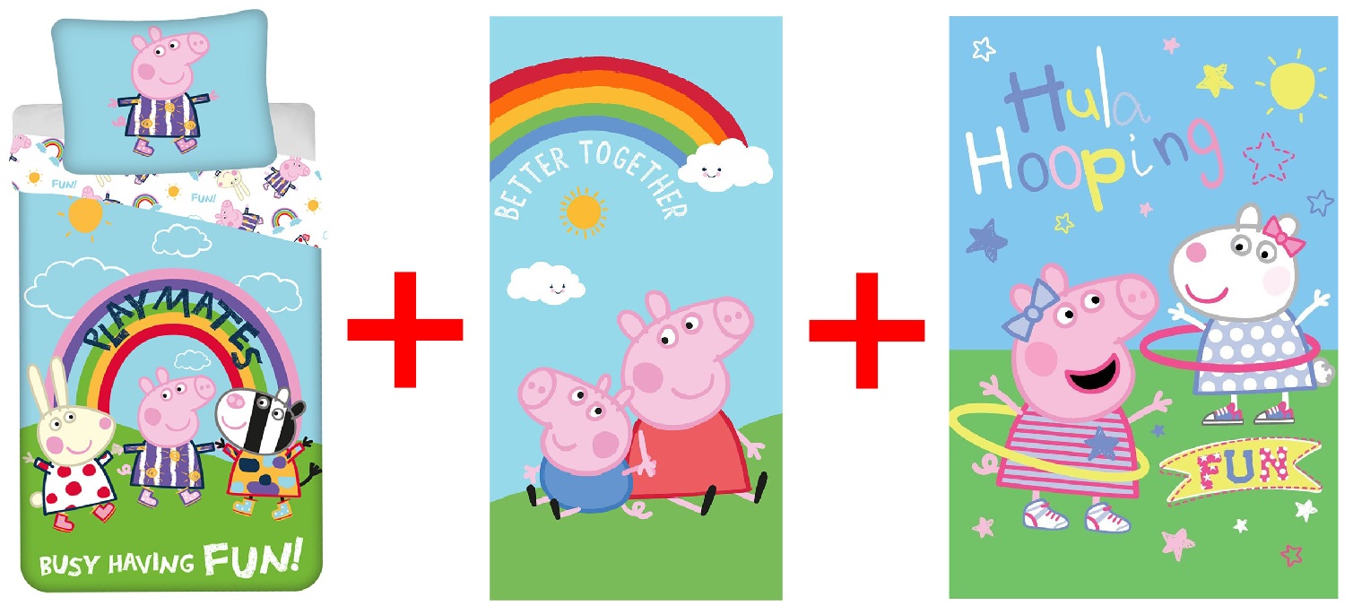 3er-Set Peppa Wutz Kinderbettwäsche 140x200 + 70x90 cm, Strandtuch 70x140 cm, 100% Baumwolle und Kuscheldecke 100x150 cm, 100% Polyester, Geschenk-Set