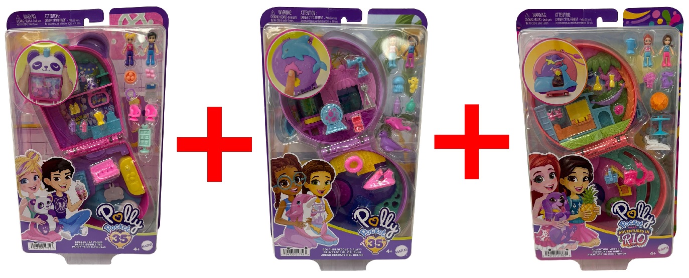 3er-Set Polly Pocket HWN9 Bubble Tea Panda Schatulle, HWN96 Delfin Rettungsstation Schatulle, HWN98 Moped-Schatulle, Mini-Puppen, Geschenk-Set