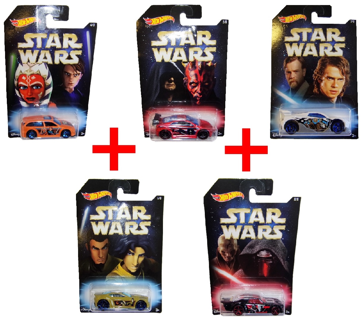 5er-Set Hot Wheels DWD85 Actioncars Star Wars-Edition Darth Sidious, Dart Maul, Obi-Wan Kenobi, Anakin Skywalker, Geschenk-Set