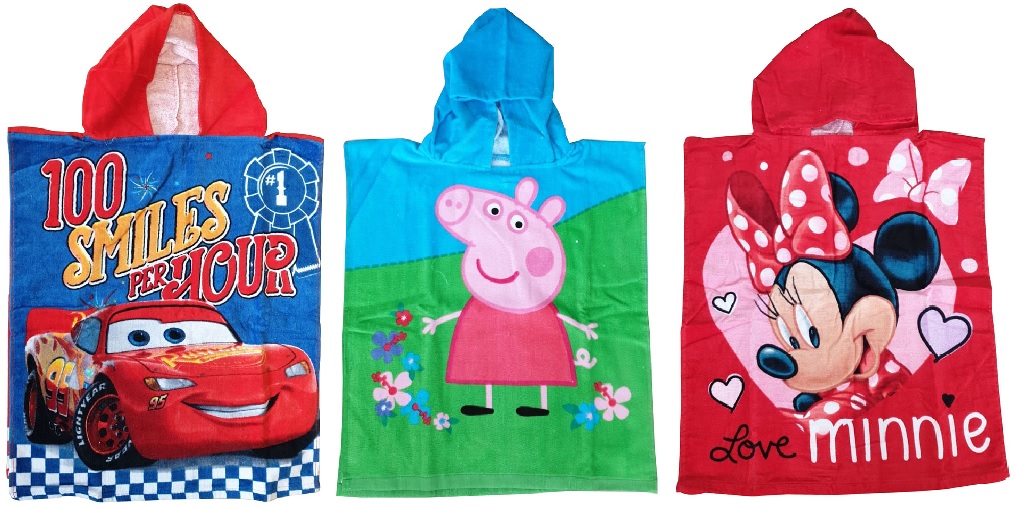 Kinder Bade Poncho mit Kapuze 100 % Baumwolle 50x115 cm Cars Lightning McQueen, Peppa Wutz, Love Minnie Maus (Auswahl)