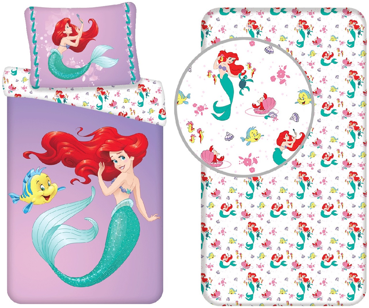 Disney Arielle die Meerjungfrau Kinder Bettwäsche Set 140x200 + 70x90 cm und Spannbetttuch 90x200 cm, 100 % Baumwolle, Komplettset