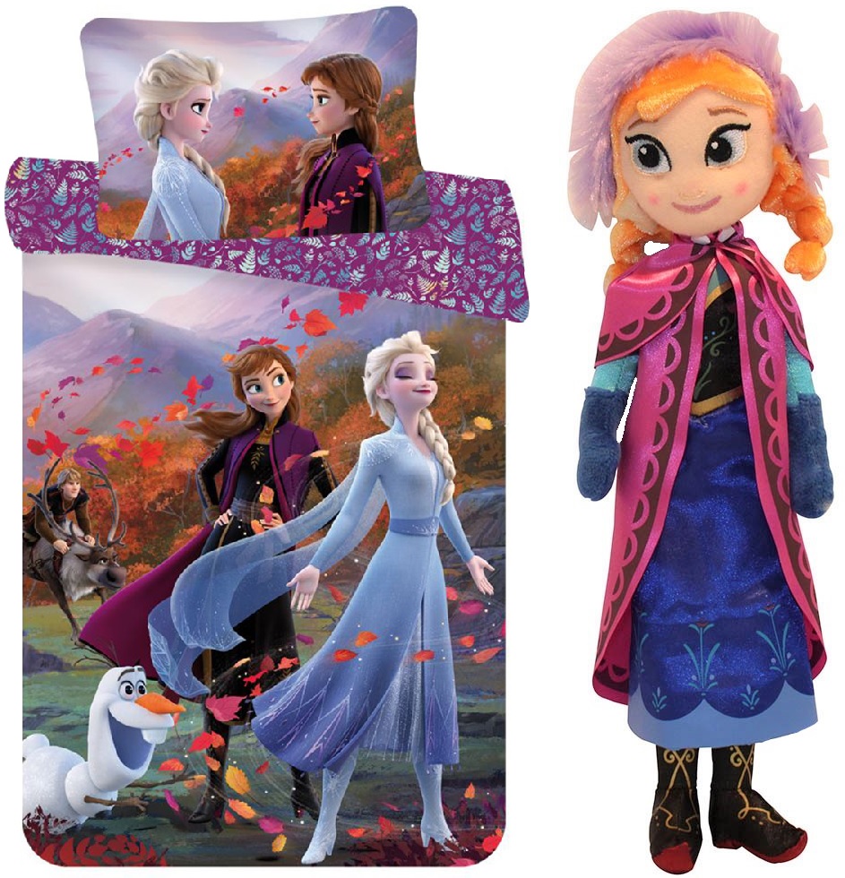 Disney Baby Kinder Bettwäsche Frozen 2 Anna, Elsa Olaf 100x135 cm + 40x60 cm 100% Baumwolle UND Plüschpuppe Anna mit Winterumhang 25 cm, Geschenk-Set