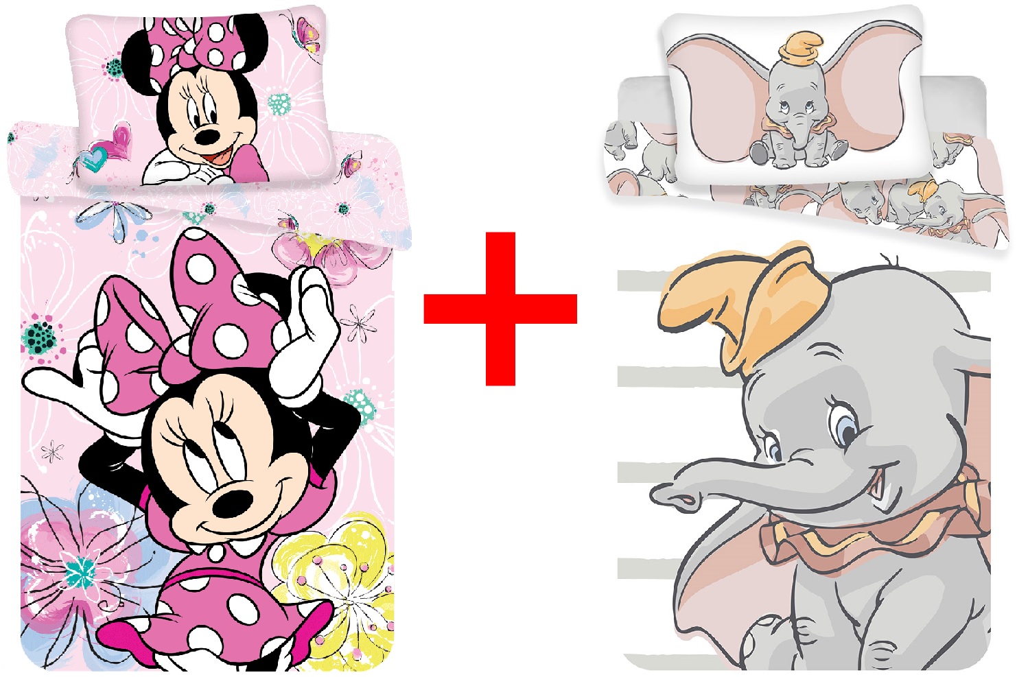 Disney 2er-Set Bettwäsche Set mit Minnie Maus und Dumbo 100 x 135 Bettdecke + 40 x 60 cm Kopfkissen, 100% Baumwolle für Babys, Kinder, GESCHENK-SET