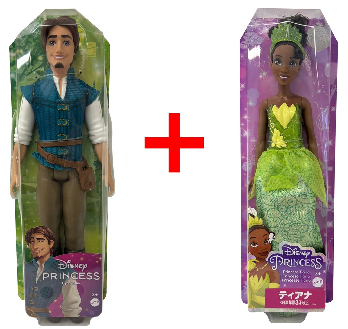2er-Set Disney Prinzessin Puppe HLV98 Flynn Rider Rapunzel und HLW04 Tiana Küss den Frosch, Spielzeugfigur, Sammelfigur, Geschenk-Set