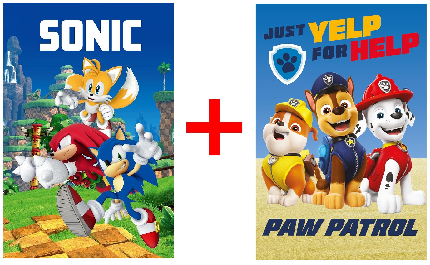 2er-Set Fleecedecke, Schmusedecke Sonic the Hedgehog, Knuckles und Paw Patrol, Chase, 100 x 150 cm, 100% Polyester, Geschenk-Set