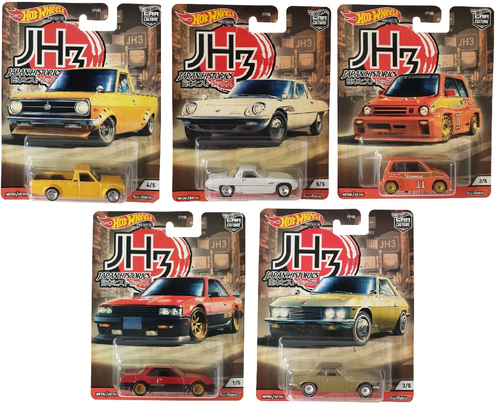Hot Wheels 5er-Set Japan Historics GJP81 DATSUN SUNNY, GJP82 MAZDA COSMO, GJP83 HONDA CITY TURBO, GJP84 NISSAN SKYLINE, GJP85 NISSAN SILVIA