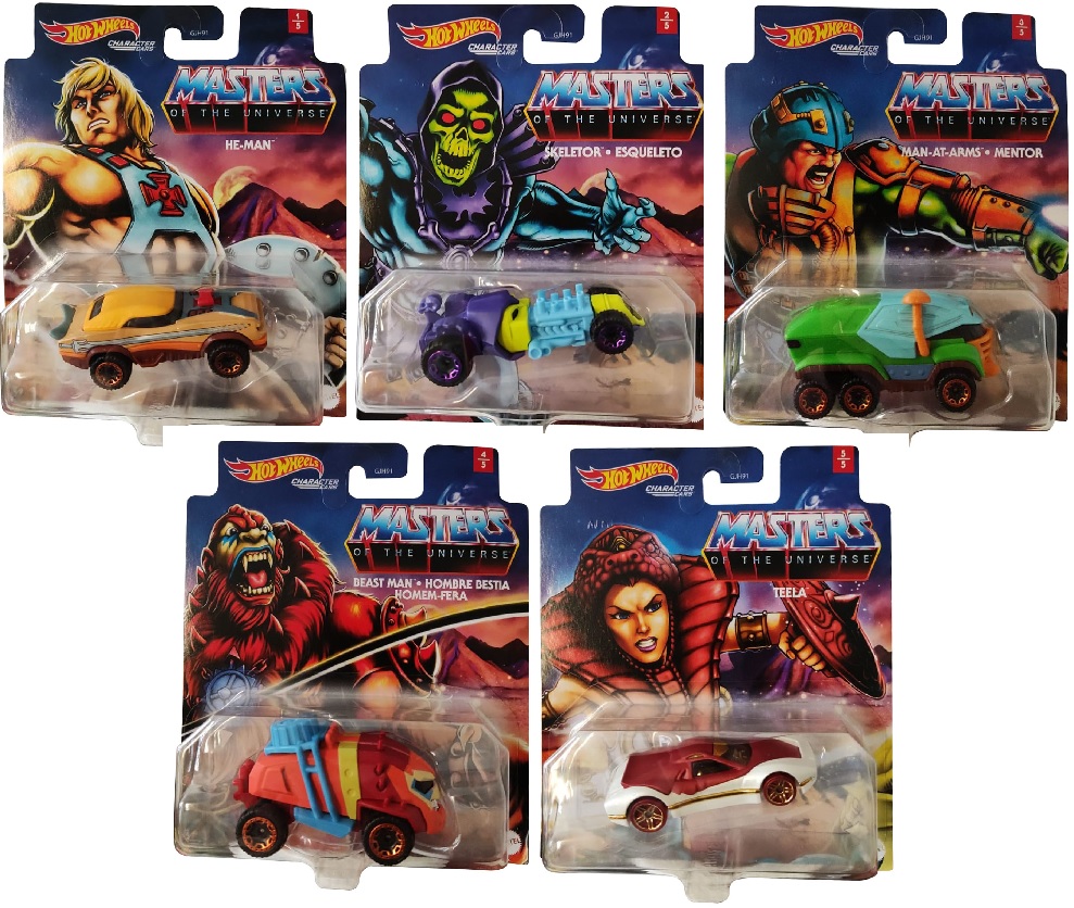 Hot Wheels Character Cars 5er-Set Masters Of The Universe GRM21 HE-MAN, GRM22 SKELETOR, GRM23 MENTOR, GRM24 BEAST-MAN, GRM25 TEELA