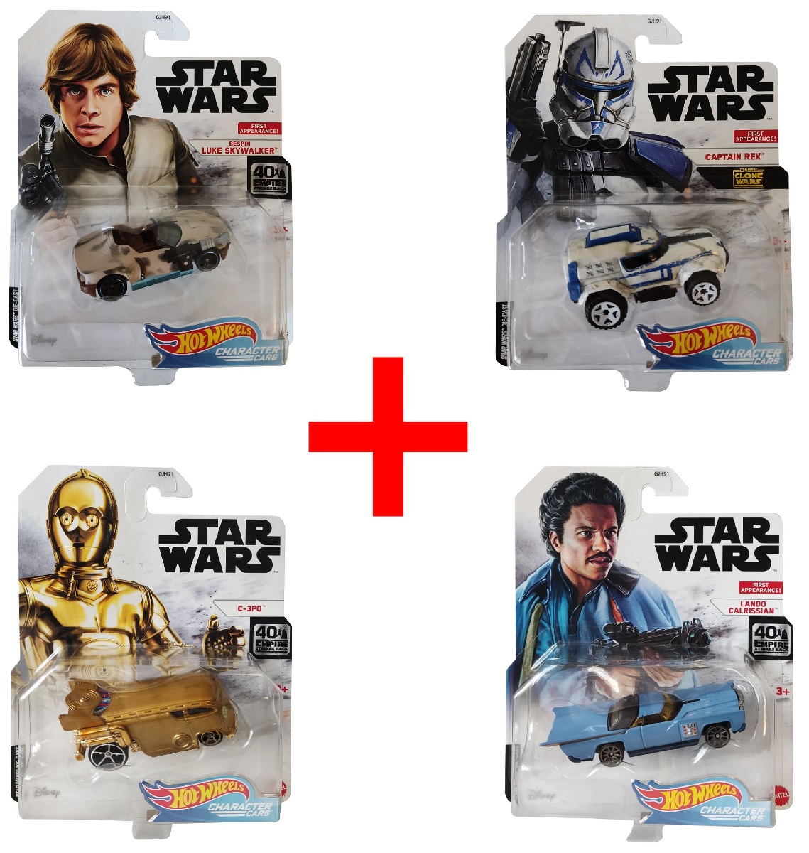 Hot Wheels Star Wars Character Cars mit Luke Skywalker, Captain Rex, C-3PO, Lando Carlissian, Actioncars, 4er-Set, Geschenk-Set