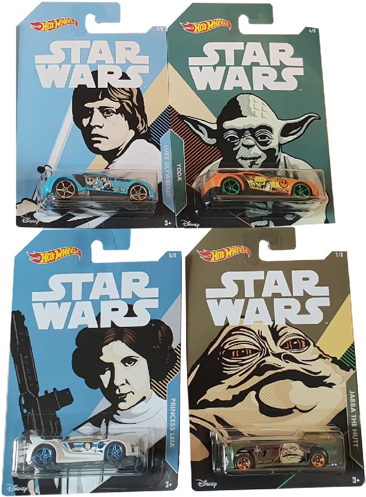 Hot Wheels FKD57 Star Wars Fahrzeuge 4er Pack mit Luke Skywalker, Yoda, Princess Leia, Jabba de Hutt