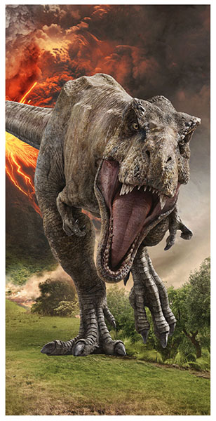 Strandtuch Jurassic World T-Rex mit Vulkan-Hintergrund 140 cm x 70 cm, 100 % Baumwolle