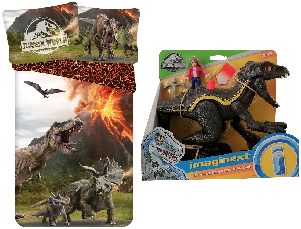 Jurassic World Set Bettwäsche mit T-Rex 140x200 + 70x90 cm 100 % Baumwolle + Fisher-Price imaginext GKL51 Indoraptor beweglicher Dinosaurier u. Maisie