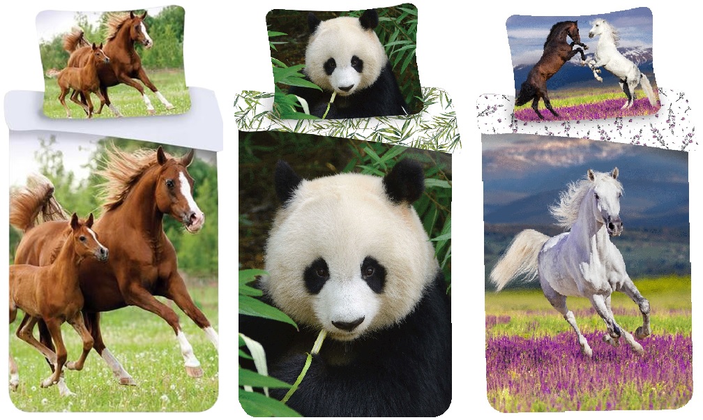 Bettwäsche Set Panda Pferde Tiermotive Bettdecke 140x200 + Kopfkissen 70x90 cm, 100% Baumwolle (Auswahl)