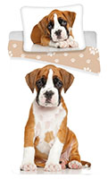 Kinder Bettwäsche Wendemotiv Hund Boxer Welpe braun weiß Bettdecke 140 x 200 + Kopfkissen 70 x 90 cm, 100% Baumwolle mit Reißverschluss