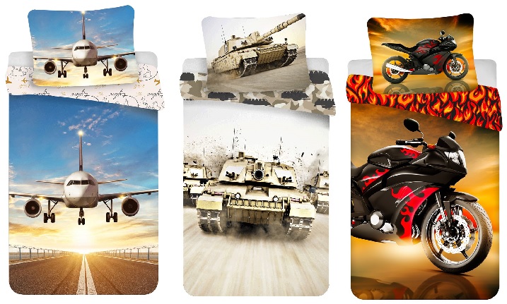 Kinder Bettwäsche Wendemotiv Flugzeug Motorrad Panzer Bettdecke 140 x 200 + Kopfkissen 70 x 90 cm 100% Baumwolle mit Reißverschluss (Auswahl)