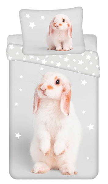 Kinder Bettwäsche Wendemotiv weißes Kaninchen Rabbit sitzend mit Sternen, grau Bettdecke 140x200 + Kopfkissen 70x90 cm 100 % Baumwolle
