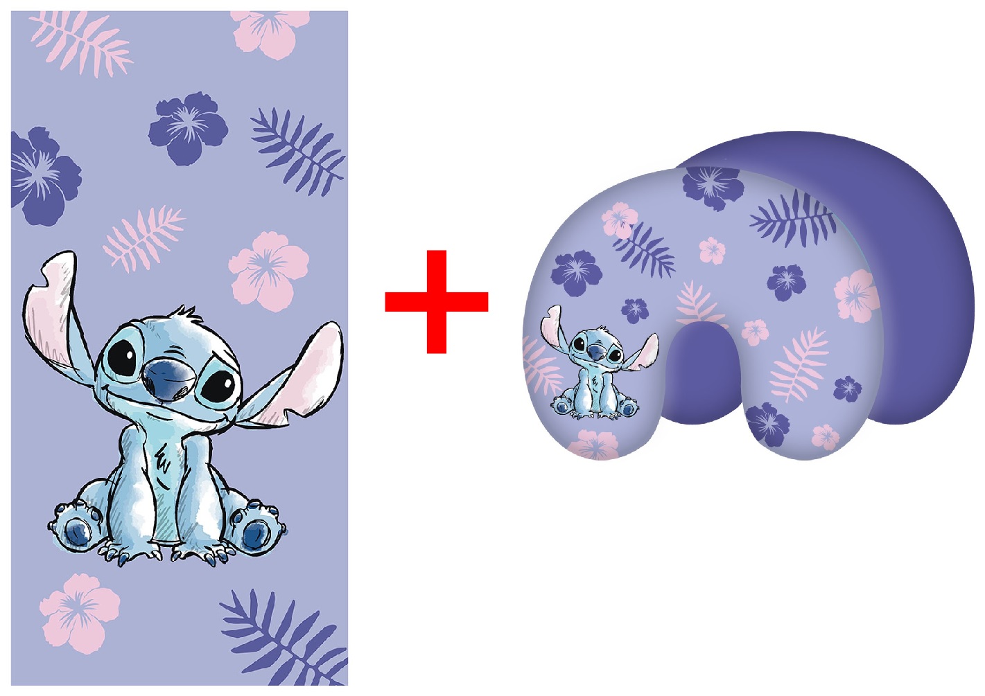 2er-Set Disney Lilo und Stitch Badehandtuch Duschtuch 70 x 140 cm, Baumwolle + Nackenkissen, Reisekissen 28 x 33 cm, 100% Polyester, Geschenk-Set