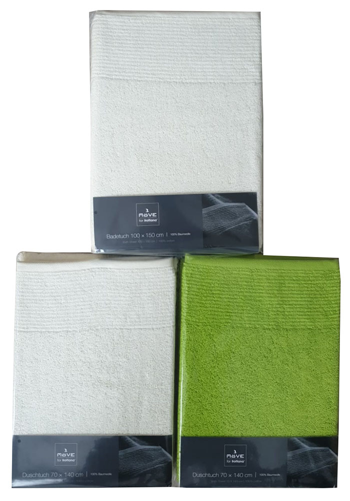 Möve 3er Pack Handtücher, Badetücher unifarben creme 100 x 150 cm und grün, creme 70 x 140 cm 100 % Baumwolle