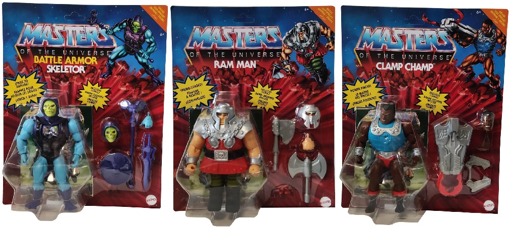 Mattel Masters of the Universe Origins 3er Set Actionfiguren GVL77 Skeletor, GVL78 Ram Man, GVL79 Clamp Champ mit Zubehör Geschenk-Set